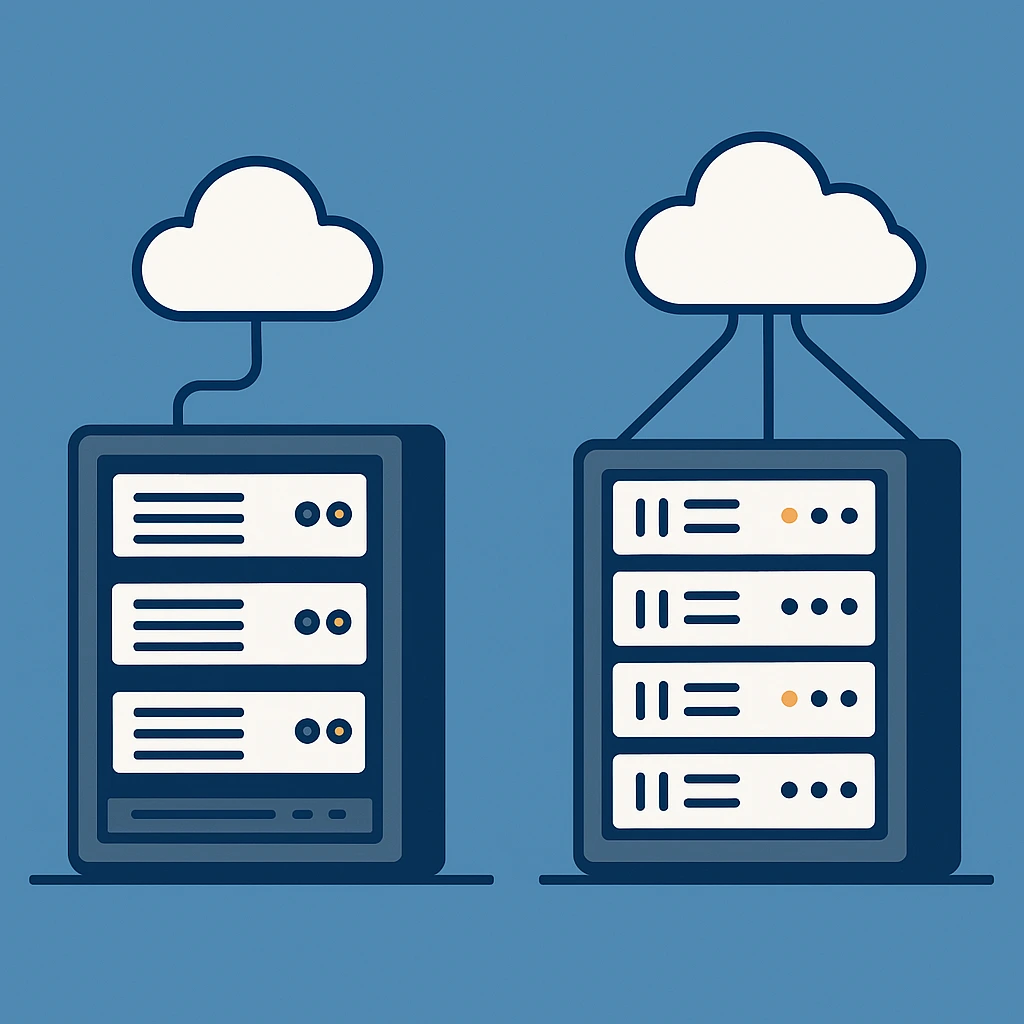 两组服务器机架通过蓝色线路分别连接到云图标