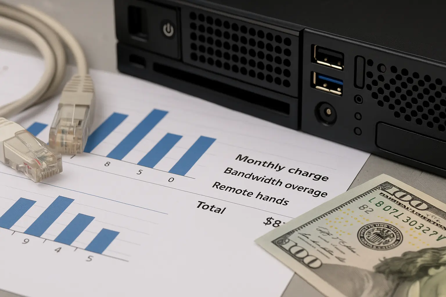 以太网线、服务器设备与显示带宽费用图表的文件并列摆放的照片