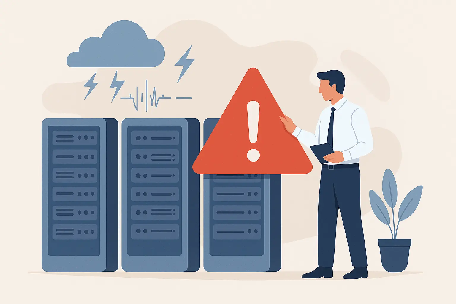 一名穿着商务服装的男子站在服务器机柜前，注视着一个红色警告标志，背景中有云朵和闪电图案，象征网络异常