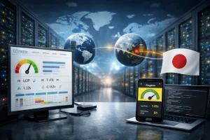 多个虚拟主机服务器在数据中心中并排放置，背景带有光晕和线路图案，体现高速与技术感