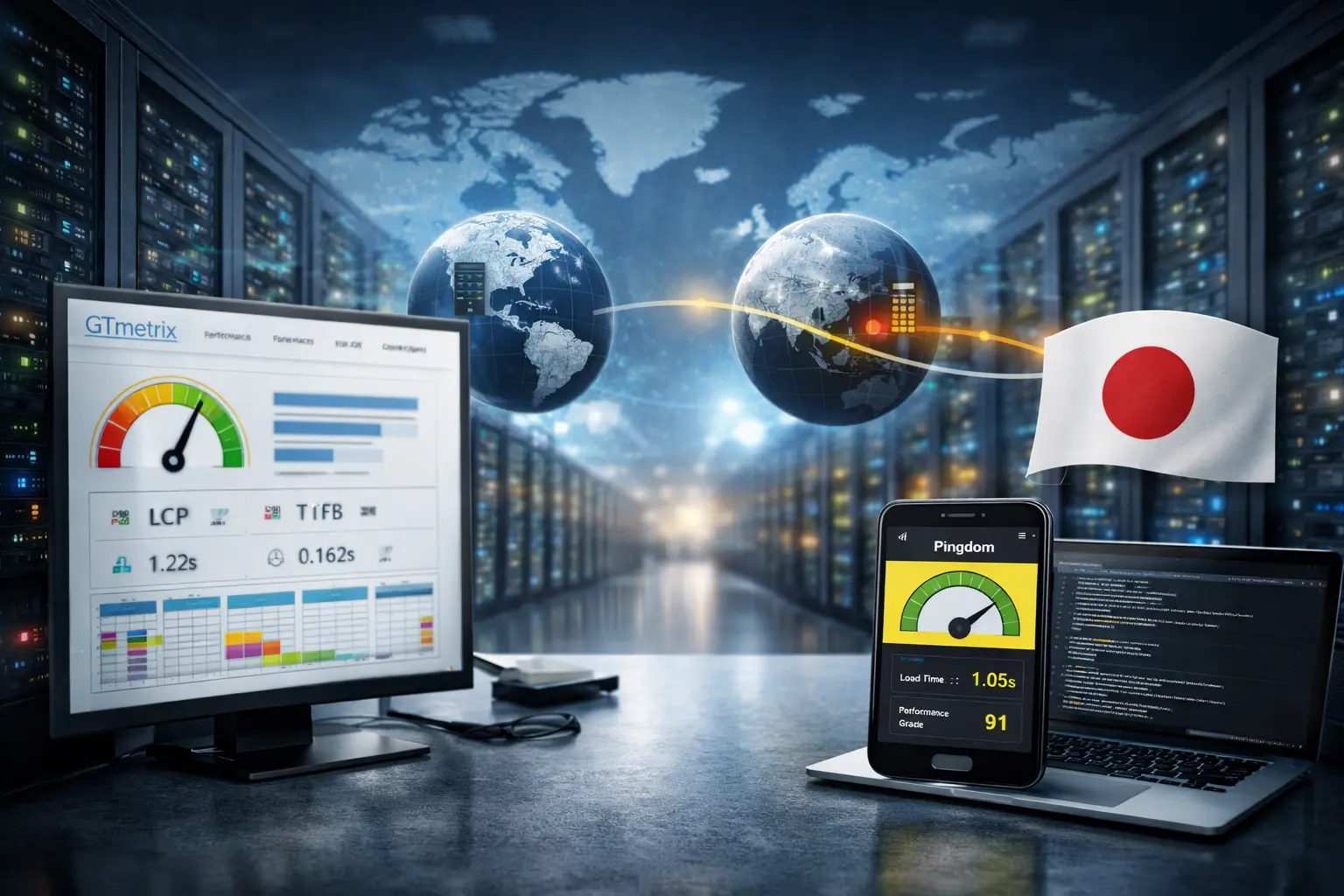 多个虚拟主机服务器在数据中心中并排放置，背景带有光晕和线路图案，体现高速与技术感