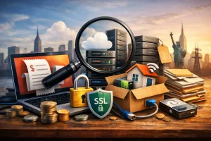 服务器堆叠前有放大镜、笔记本账单、硬币堆、SSL图标、挂锁和纸箱中带Wi-Fi标志的房子