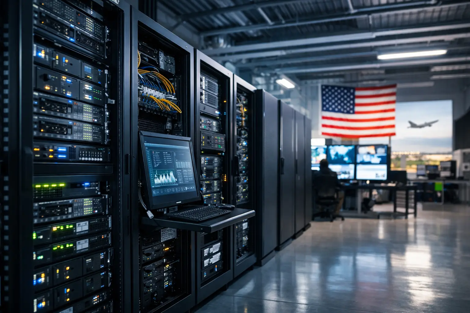 美国数据中心内，显示器运行中，背景有美国国旗与起飞的飞机