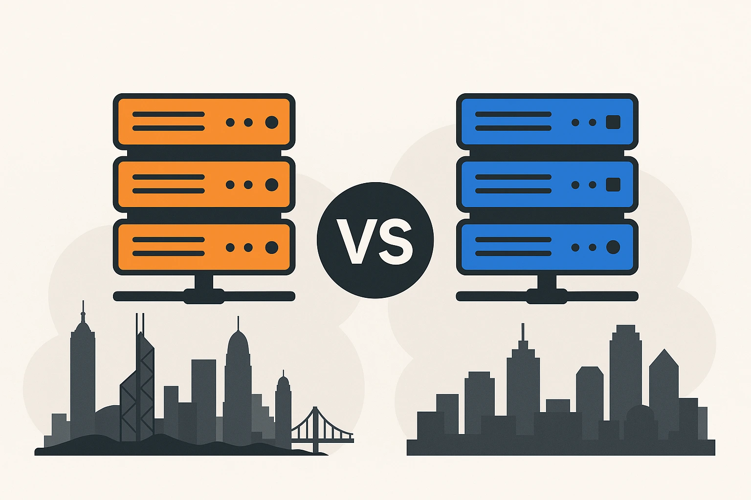 两组服务器图标分别位于两个城市天际线之上，中间以“VS”符号分隔