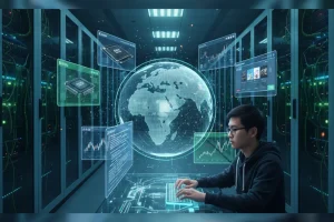 一名专业人员在服务器机房内通过双显示器监控网站托管性能和全球网络连接