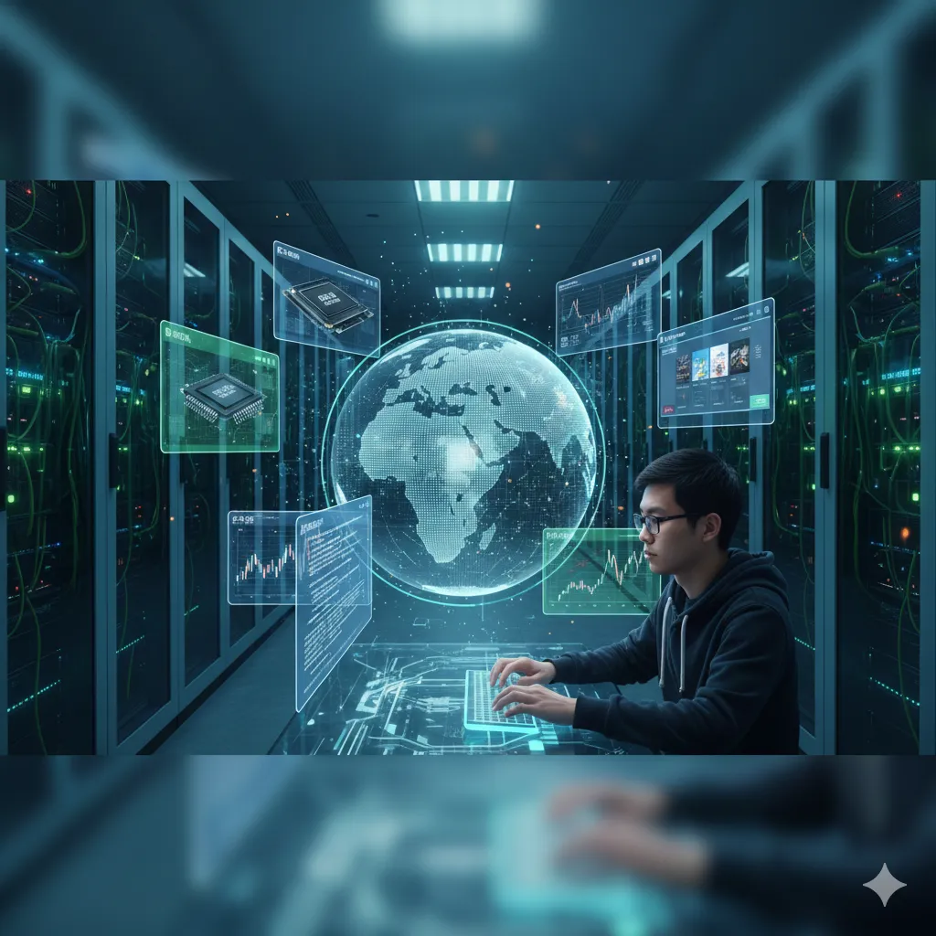 一名专业人员在服务器机房内通过双显示器监控网站托管性能和全球网络连接