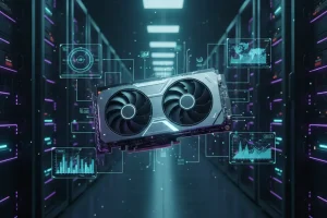 科技感十足的机房内悬浮着一颗高性能GPU显卡，周围环绕着数据分析全息图，象征GPU云服务器的强大算力。