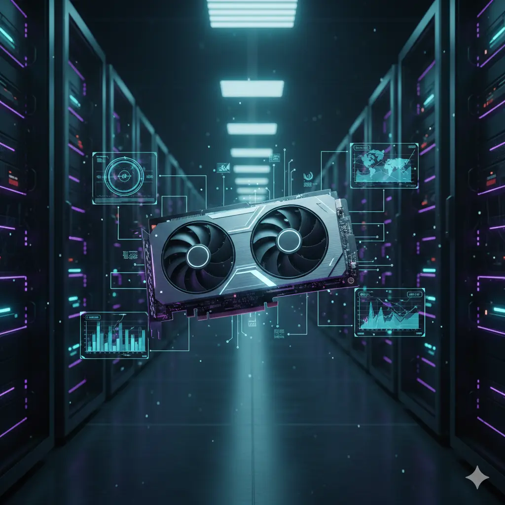 科技感十足的机房内悬浮着一颗高性能GPU显卡，周围环绕着数据分析全息图，象征GPU云服务器的强大算力。