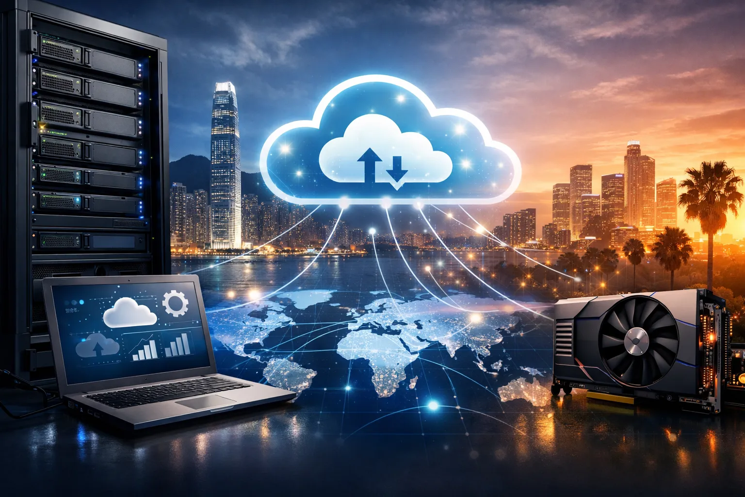 展示一台服务器机柜、笔记本电脑、云图标、全球地图与GPU的科技场景