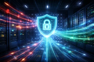 各地云服务器通过加密路径连接，体现跨境数据合规传输