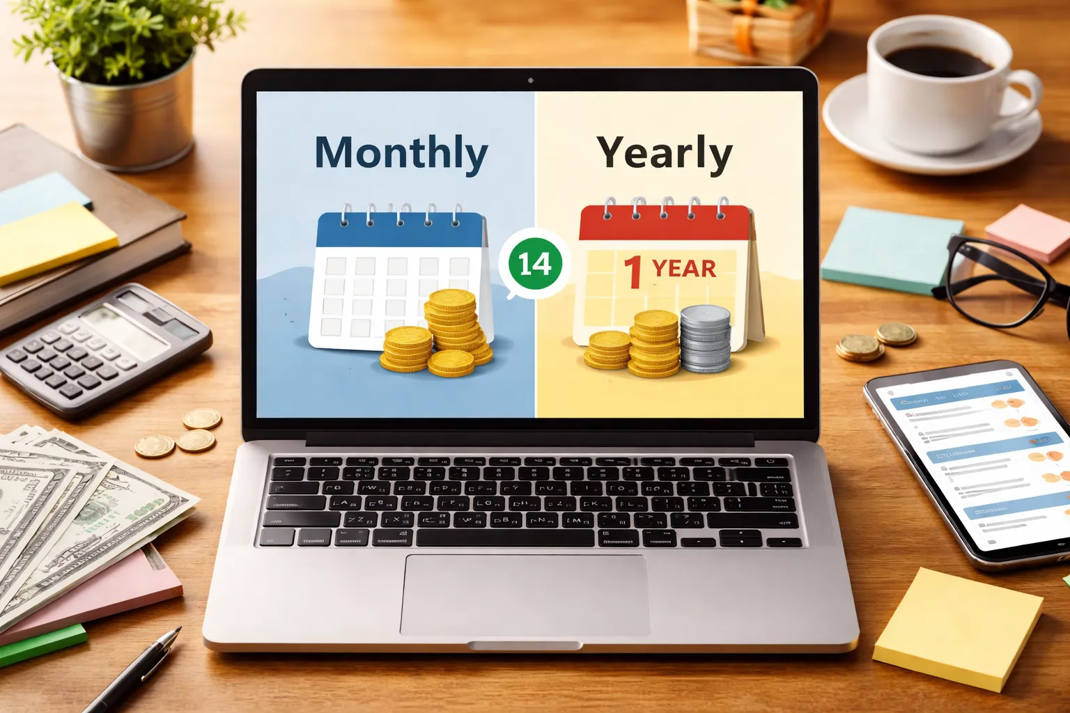 鸟瞰视角展示一张办公桌，中央笔记本电脑屏幕分为“月付”和“年付”两个对比画面，周围摆有计算器、钞票、笔记本、智能手机、咖啡杯和绿植