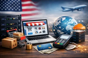 一台笔记本电脑放置在木质桌面上，屏幕显示全球地图和数据图表，背景为夜晚城市灯光景象