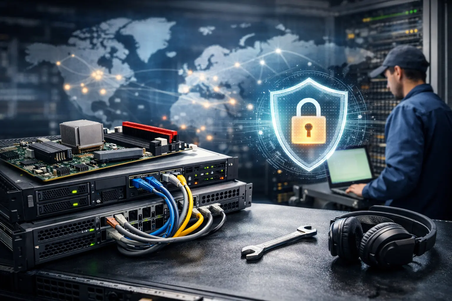 一间现代化数据中心，排列整齐的服务器机柜在冷色调灯光下闪烁运行