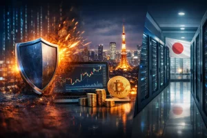 数据中心中密集排列的服务器机柜,背景为深蓝色科技图层,前景出现抽象的网络连接节点