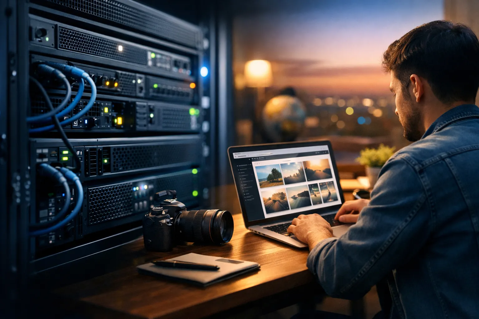 室内桌面场景，一侧是正在运行的服务器机柜，另一侧是一名男子在笔记本电脑上查看图片内容，桌面上放有相机和笔记本
