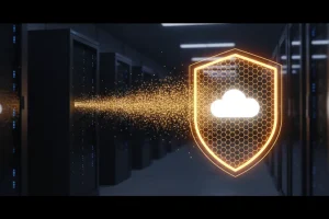 数据中心机房内物理服务器机柜与发光的数字化蜂窝状盾牌对比图