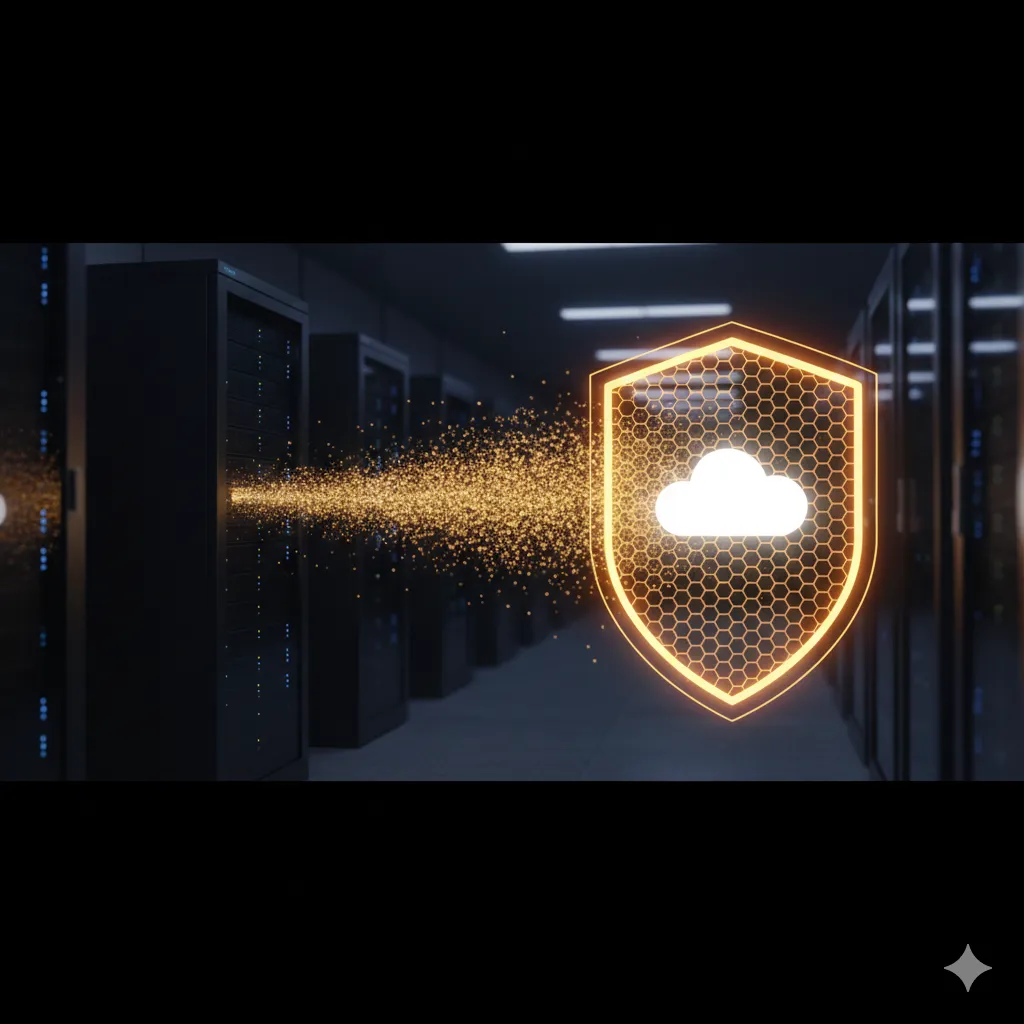 数据中心机房内物理服务器机柜与发光的数字化蜂窝状盾牌对比图