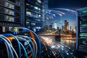 多个高密度服务器机架整齐排列在现代数据中心内部，蓝色灯光强调冷却和运行状态。