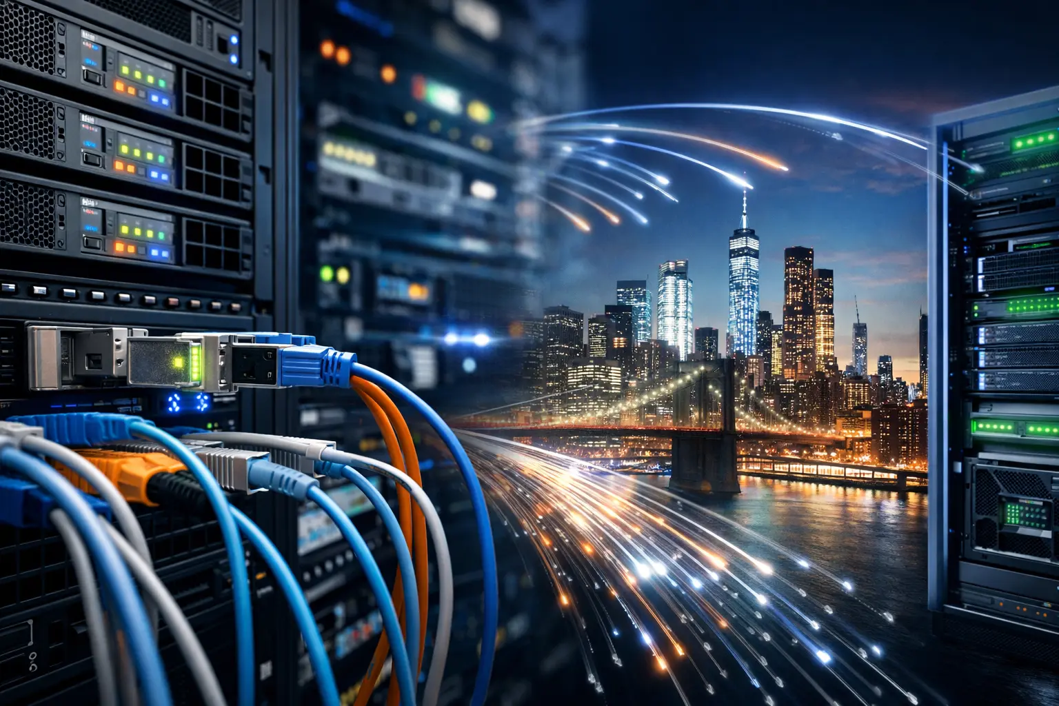 多个高密度服务器机架整齐排列在现代数据中心内部,蓝色灯光强调冷却和运行状态。