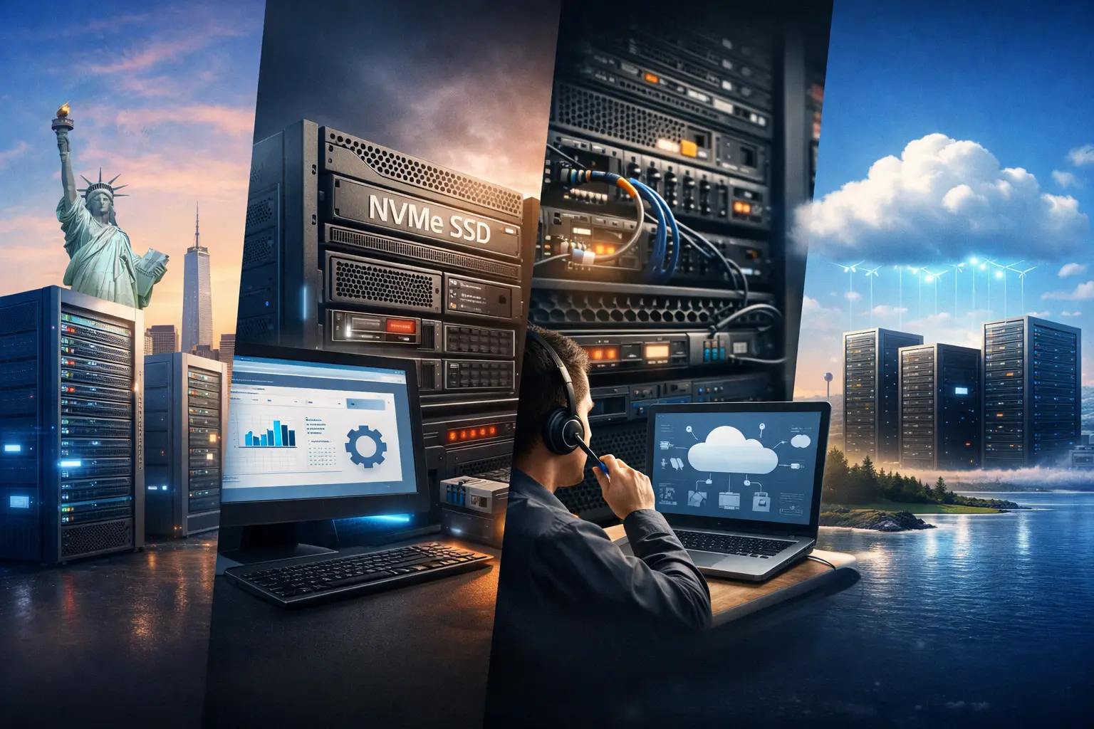 现代数据中心内部，左侧为服务器机架，中央展示云计算网络结构，右侧延伸出全球连接线条