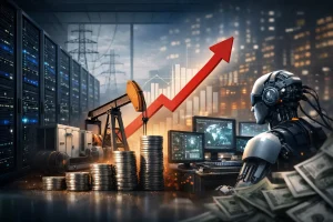 数据中心内纵深视角的服务器机架与基础设施，配有高功率电缆和冷却系统