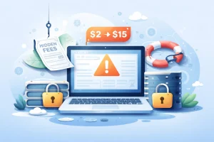 一台打开的笔记本电脑,屏幕中央显示警示符号,周围环绕服务器、锁、账单和救生圈等元素