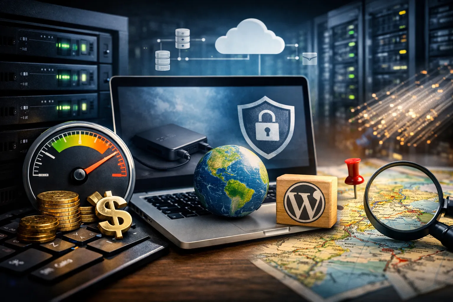 一个人在选择多个云服务器选项时感到困惑,背景中有价格标签、云服务器图标、数据中心位置标识和破损的备份磁盘图标