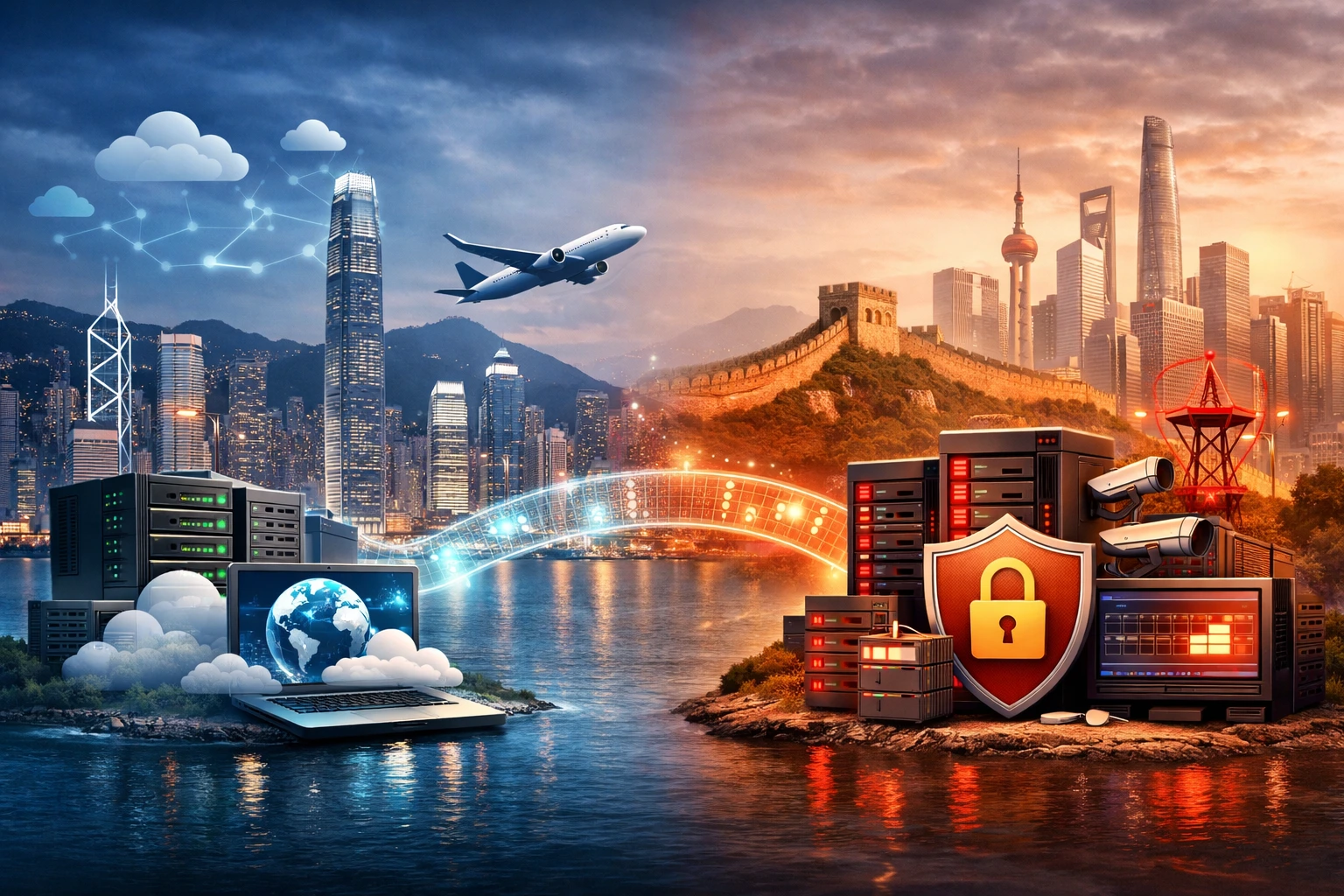 两侧分别展示香港和中国大陆的数据中心，体现不同的服务器部署环境