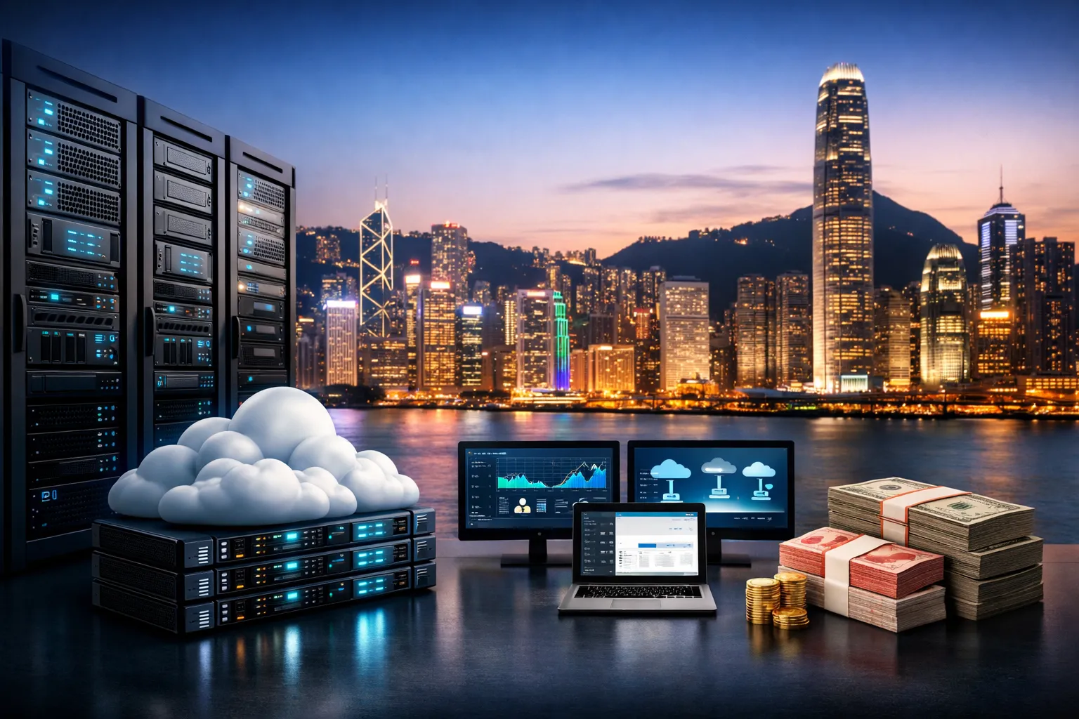香港城市天际线前的数据中心服务器、云计算图形和货币堆叠