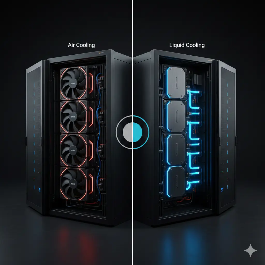 展示现代数据中心GPU服务器机架内风冷散热风扇与液冷循环管路的特写对比图