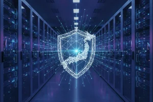 现代化的日本数据中心机房，服务器机柜整齐排列，上方覆盖着半透明的数字防御盾牌和日本网络拓扑图。