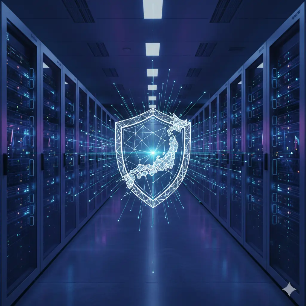 现代化的日本数据中心机房，服务器机柜整齐排列，上方覆盖着半透明的数字防御盾牌和日本网络拓扑图。