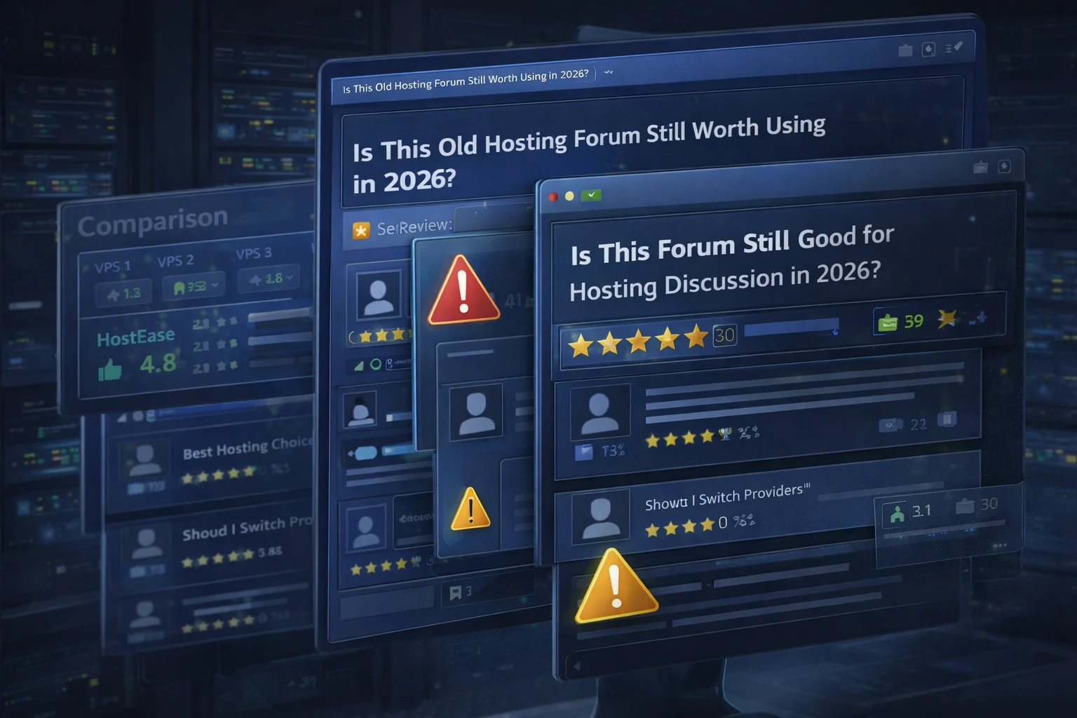 Hosting forum discussion and server review concept