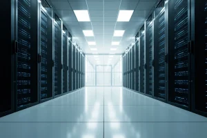 现代化数据中心服务器机房，多排黑色服务器机柜