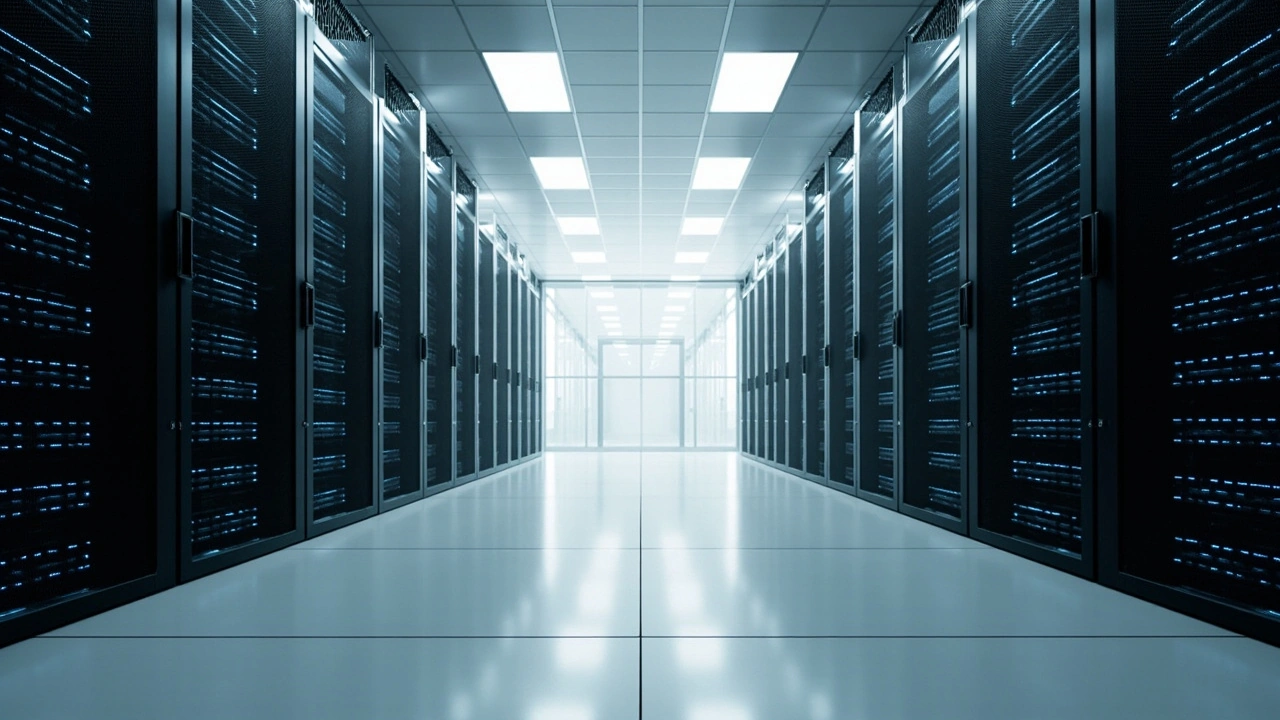 现代化数据中心服务器机房，多排黑色服务器机柜