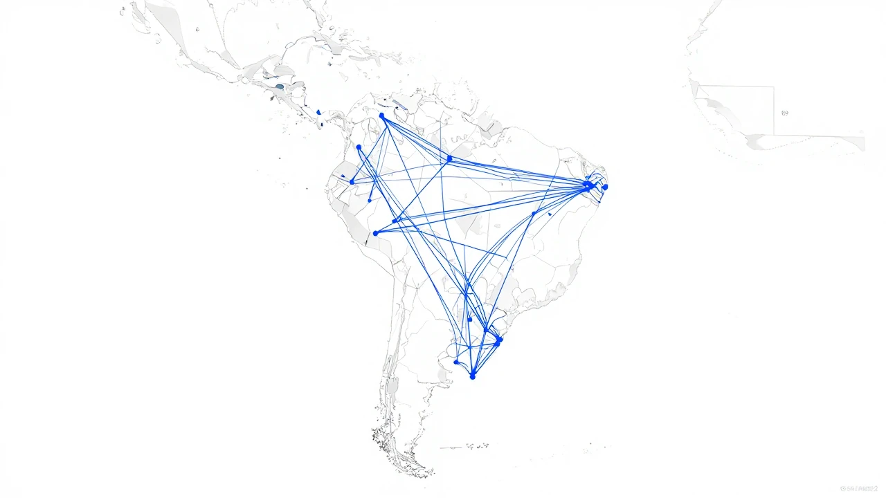 拉美区域云节点分布示意图，圣保罗作为南美核心节点向周边国家延伸
