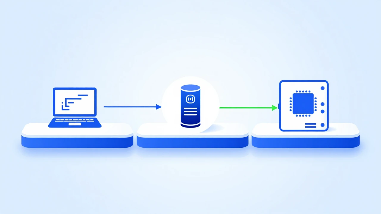 架构图:浏览器端 IDE 通过 Ollama API 连接到本地独服上的 GPU,三层水平布局展示数据流向