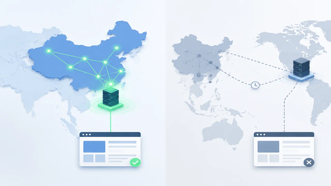 中文站在香港 VPS 与美国 VPS 之间做选型时的决策矩阵示意图