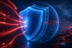 VPS DDoS 防护边界示意图：蓝色防护层挡住部分攻击，红色攻击流量超出边界