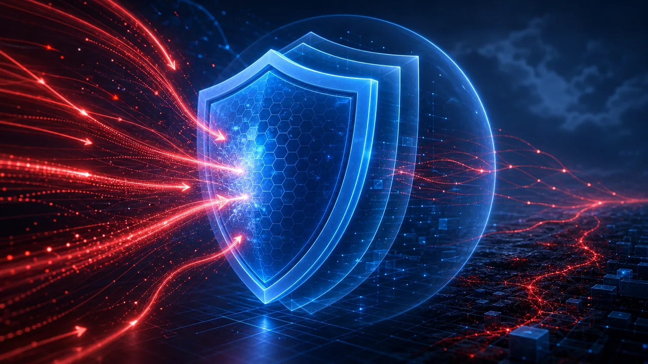 VPS DDoS 防护边界示意图:蓝色防护层挡住部分攻击,红色攻击流量超出边界