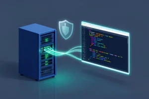 服务器机架连接到代码编辑器界面，表示自建编程助手