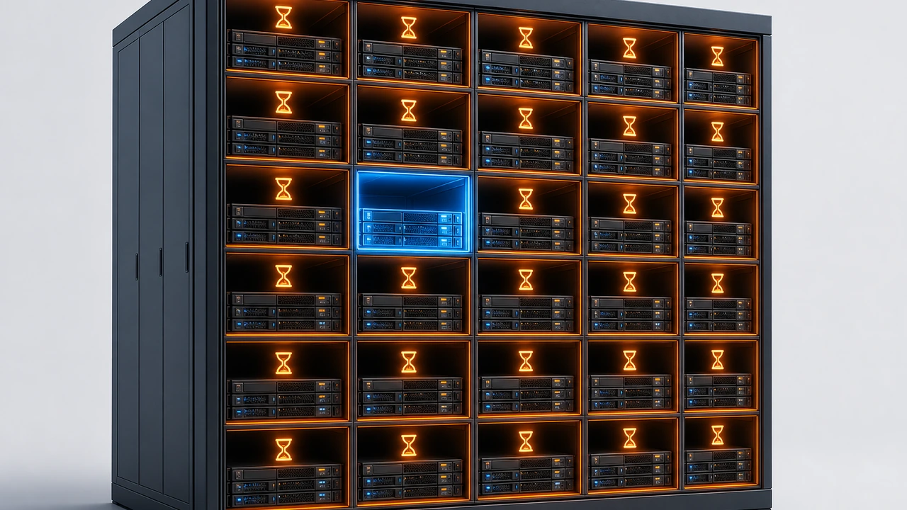 宿主机被切分为多个 VPS 资源格、个别租户排队等待 CPU 的封面示意图