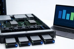 一台打开仓位的四盘位服务器机箱，四块企业级 SSD 正在进行 RAID 阵列压测