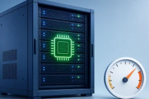 VPS CPU 性能基准评测封面：服务器机柜与性能测量仪表