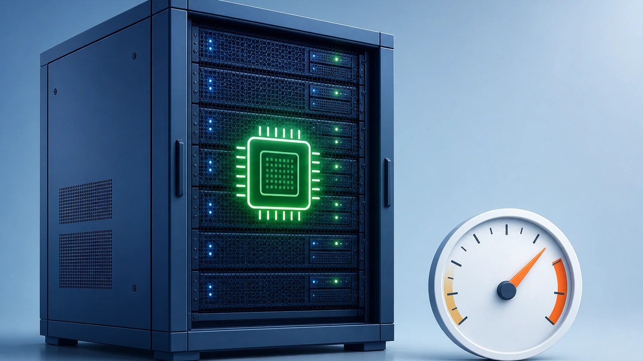 VPS CPU 性能基准评测封面：服务器机柜与性能测量仪表