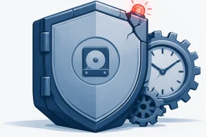 cPanel 自动备份失效故障封面插图：出现裂缝的备份盾牌与停摆的时钟齿轮