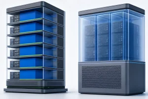 KVM 与 OpenVZ 架构差异封面插图：左侧独立内核服务器与右侧共享内核容器并排对比