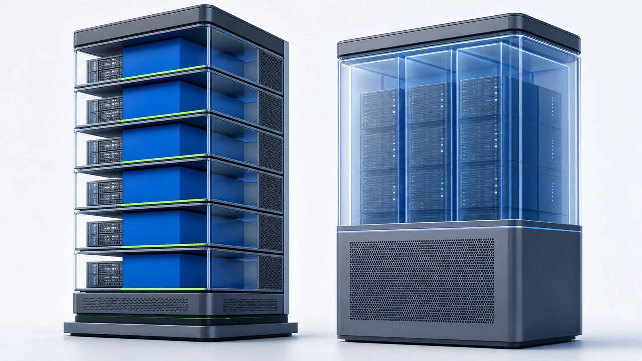 KVM 与 OpenVZ 架构差异封面插图：左侧独立内核服务器与右侧共享内核容器并排对比