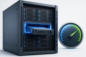 VPS 磁盘 IO 性能横向评测封面：服务器机架与磁盘速度指示