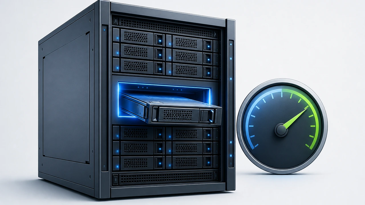 VPS 磁盘 IO 性能横向评测封面:服务器机架与磁盘速度指示